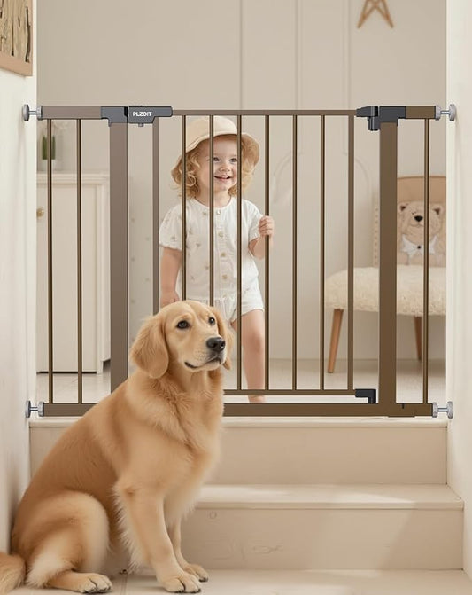 29.5-40.5" Baby Gate for Stairs, Dog Gate for Doorways, Walk Thru Auto Close Metal Baby Safety Gate for The House, Stairs and Doorways, Child Gate Pressure Mounted, Pet Gate for Dog Indoor - Brown