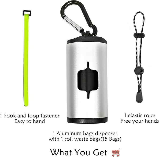 Aluminum Dog Poop Bags Holder with Carabiner Metal Pet Waste Bags Dispenser with Hook and Loop Fastener and Elastic Cord to Carry Used Bags(Silver, 1 Holder 15 Bags)