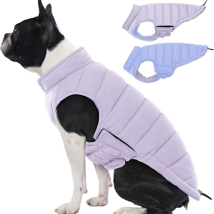 Lelepet Reversible Dog Coat Waterproof Dog Jacket Windproof Puffer Vest for Winter Warm Lightweight Coats for Small Dogs Adjustbale Hook & Loop Pet Apparel with Leash Hole, Shih Tzu, Purple, S