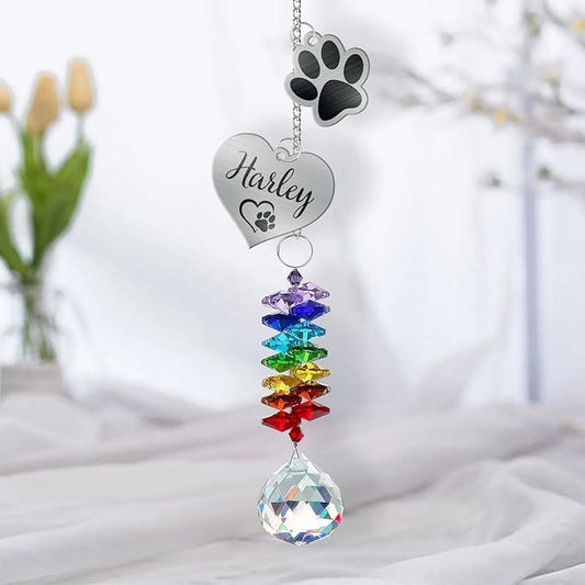 Personalized Dog Memorial Gifts for Loss of Dogs, Crystal Heart & Paw Print Sympathy Gift for Dog Loss, Rainbow Bridge Memorial Suncatcher