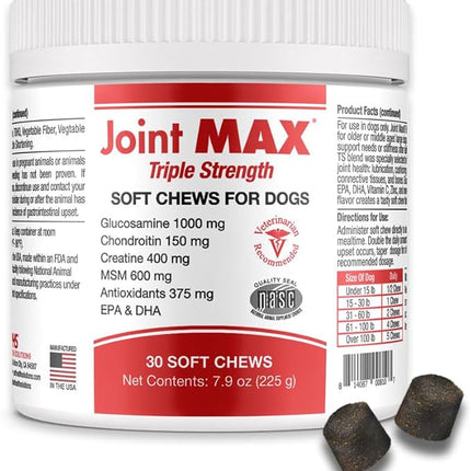 PHS Joint MAX Triple Strength (TS) Soft Chews for Dogs - Glucosamine, Chondroitin, MSM, Turmeric, Omega 3 - Hip and Joint Pain Relief and Support for Dogs - Made in USA - 30 Soft Chews