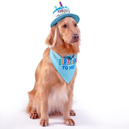 Large Dog Birthday Cake Hat & Bandana Scarfs Set Blue, Handmade Dog Happy Birthday Hat with Colorful Candles, Extral Large Dog Birthday Party Supplies Decorations