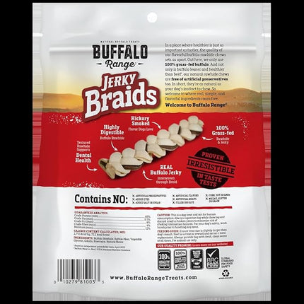 Buffalo Range Rawhide-Free Dog Treats – Braided Jerky Chews Made with Grass-Fed Buffalo – Hickory Smoked Flavor High Protein Dog Chews – Natural Rawhide Alternative Treat – 10 Count