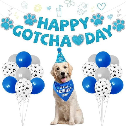 Happy Gotcha Day Dog Bandana- Dog Birthday Party Supplies Boy Girl Gotcha Day Triangle Scarf with Hat Banners Balloons It’s My Gotcha Day Bibs Adoption Party Decor for Small Large Dogs-Blue