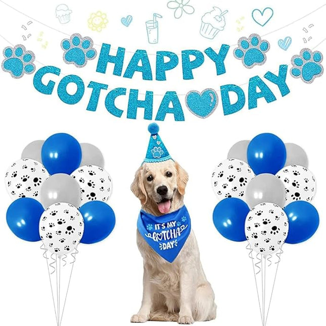 Happy Gotcha Day Dog Bandana- Dog Birthday Party Supplies Boy Girl Gotcha Day Triangle Scarf with Hat Banners Balloons It’s My Gotcha Day Bibs Adoption Party Decor for Small Large Dogs-Blue