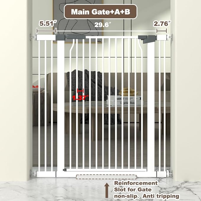 41" Extra Tall Baby Gate for Doorway, 29.6-40.5'' Metal Pet Baby Safe Gate, Extra Wide Pressure Mounted Child Door with Expansion Kit, No Drilling Cat Fence Indoor, No Climb Cat Proof Gate, White