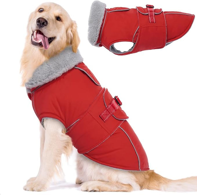 Lelepet Warm Dog Coat - Reflective Waterproof Fleece Vest with Adjustable Buckle Hook & Loop, Windproof Winter Jacket Dog Coats for Small Medium Large Dogs, Red, XXL
