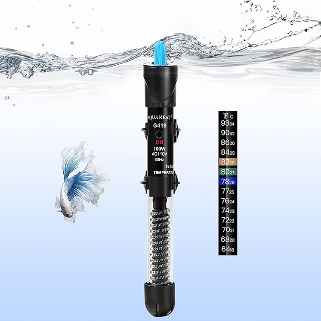 AQUANEAT Aquarium Heater, 100W Fish Tank Heater, Adjustable Submersible Water Thermostat with Thermometer