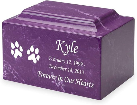 Mainely Urns Amethyst Dog Paw Prints Pet Cremation Urn for Ashes - Personalize with Name, Date, and Sentiment - Cultured Marble - 210 Cubic Inch for a Pet Weighing up to 210 Pounds