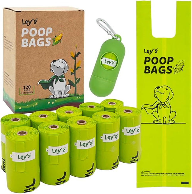 Ley's Compostable Dog Poop Bags, Plant-Based Biodegradable Doggie Waste Bags with Easy Tie Handles, Unscented, Vegetable-Based, Dog Bags Refill Rolls with Dispenser and Leash Clip