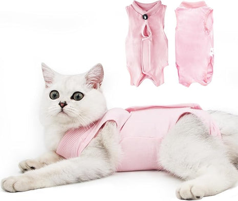 Cat Recovery Suit for Male and Female Surgical Post Surgery Soft Cone Onesie Shirt Clothes Neuter Licking Protective Diapers Outfit Cover Kitten Spay Collar(M, Pink)
