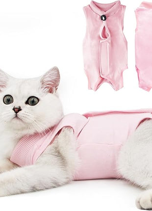 Cat Recovery Suit for Male and Female Surgical Post Surgery Soft Cone Onesie Shirt Clothes Neuter Licking Protective Diapers Outfit Cover Kitten Spay Collar(L, Pink)