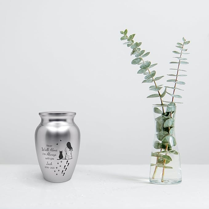 Artsy Woodsy Personalized Pet Memorial Cat Mini Urns Stainless Steel Decorative Keepsake Urns for Ashes 2.56 inch, Gifts for Cat Mom Dad Lovers Accessories in Loving Memory Loss (09, 2.56x1.77, Cat)