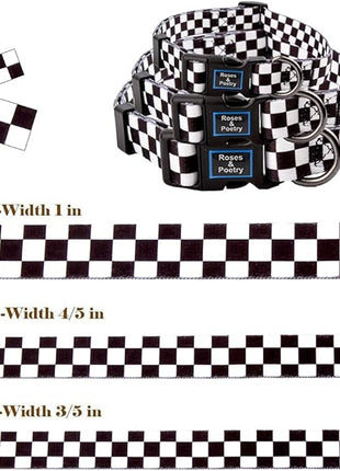 Roses&Poetry Dog Collar with Colourful Checkered Patterns, Adjustable Durable Puppy Collars for Small Medium Large Dogs (Black & White-XS)