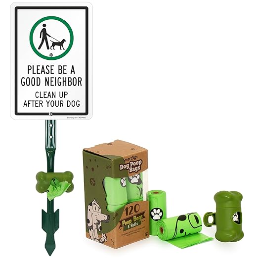 SmartSign Be A Good Neighbor Clean Up After Your Dog Yard Sign & Clip-On Preloaded Dispenser Combo/Kit with 135 Dog Poop Waste Bags, 7"x10" Rust-proof Aluminum Sign with 18-inch Steel Stake