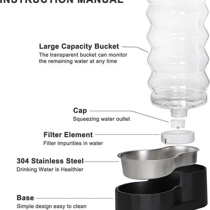 RIZZARI Large Dog Water Dispenser: Stainless Steel Pet Water Bowl - 9L Black Stainless Steel Automatic Pet Gravity Feeder with Filter Indoor/Outdoor