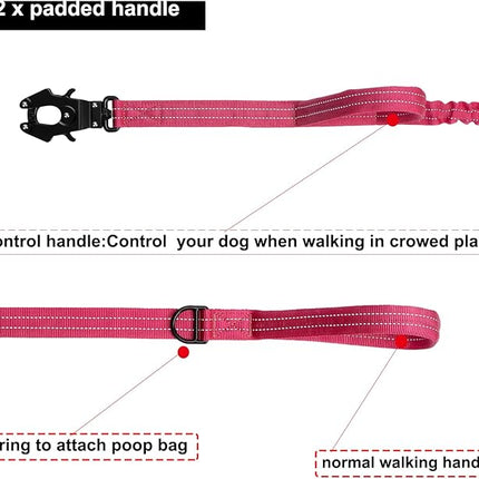 ICEFANG Tactical Dog Leash,K9 Training Walking Bungee Lead with 2 Control Handle,Heavy Duty Quick Release Metal Clasp,for Medium Large Breed (Reflective Pink, 6 FT)