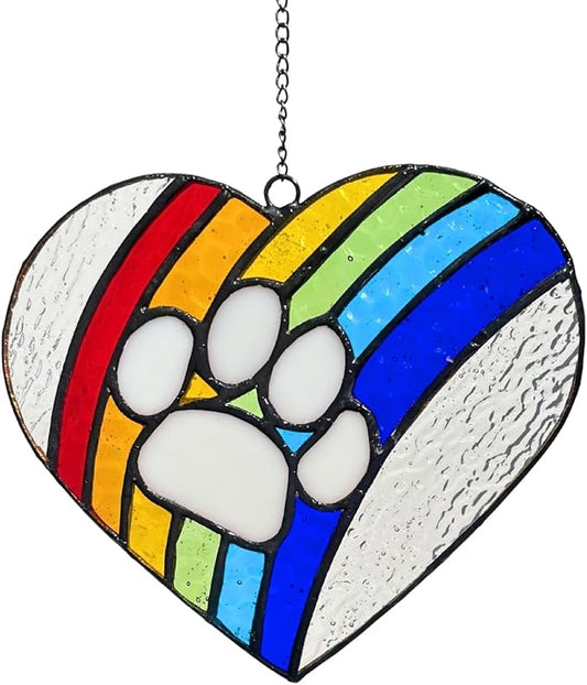 LASTINGTAILS Stained Glass Rainbow Bridge Dog Memorial Gifts for Loss of Dog, Heart Paw Print Suncatcher Loss of Dog Sympathy Gift, Dog Passing Away Gifts, Pet Remembrance for pet Lovers