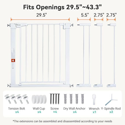 COMOMY 30" Tall Baby Gate for Stairs Doorways, Fits Openings 29.5" to 43.3" Wide, Auto Close Extra Wide Dog Gate for House, Pressure Mounted Easy Walk Through Pet Gate with Door, White