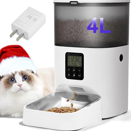 Automatic Cat Feeder, 4L Cat Food Dispenser with 10s Voice Recorder, Pet Feeder up to 8 Meals per Day, Timed Cat Feeder with Dry Food Sealed Ring (Jade White, 4L)