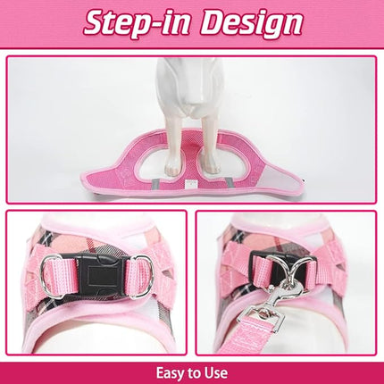 EXPAWLORER Classic Plaid Puppy Harness - Small Dog Harness and Leash Set - Dog Collar and Leash Set with AirTag Holder, Soft Padded Step in Dog Vest Harness No Pull Reflective for Outdoor, Pink M