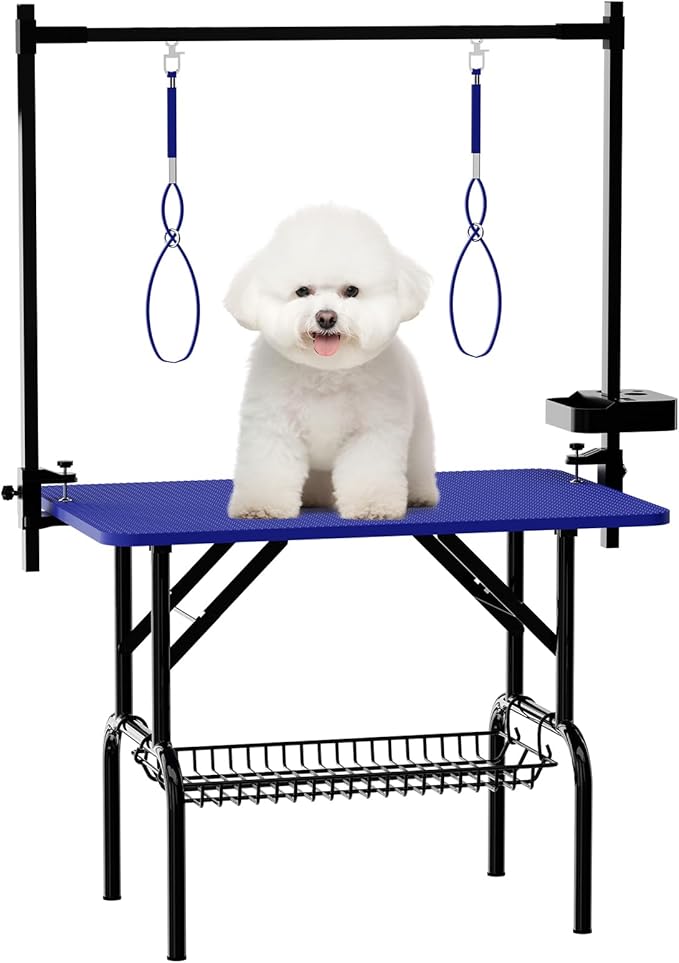 VFK 36''/47''Large Dog Grooming Table, Foldable Pet Station at Home, Dog Grooming Table,Adjustable Cat Drying Desktop with Arms, Nooses, Mesh Tray (Basic pet Table, 36" Blue)