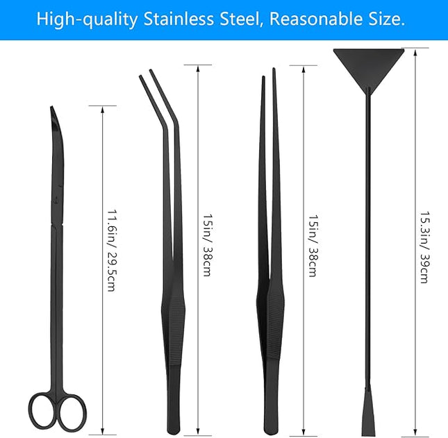 Aquarium Aquascape Tools Kit 15in, 4 in 1 Anti-Rust Aquatic Plant Aquascaping Tool Stainless Steel Tweezer Scissor Spatula for Aquarium Tank Clean Fish Tank Aquascape Accessories Set (black)