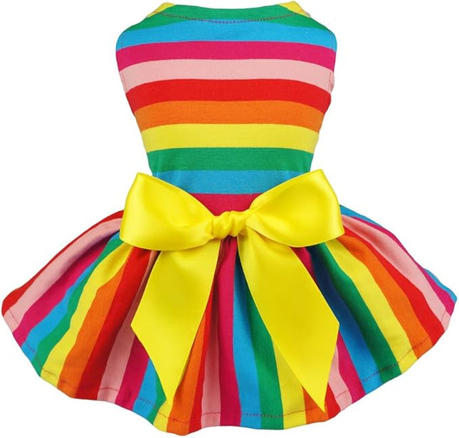 Fitwarm Rainbow Striped Dog Dress, Summer Dog Clothes for Small Dogs Girl, Pet Cat Outfit, 100% Breathable Cotton, Red Yellow Blue, XS