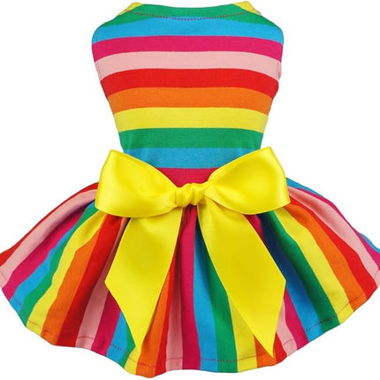 Fitwarm Rainbow Striped Dog Dress, Summer Dog Clothes for Small Dogs Girl, Pet Cat Outfit, 100% Breathable Cotton, Red Yellow Blue, Large