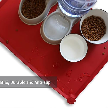 Hoki Found X-Large Silicone Non Slip Pet Feeding Mats - Waterproof Dog Cat Food Mats for Carpet - Classic Red