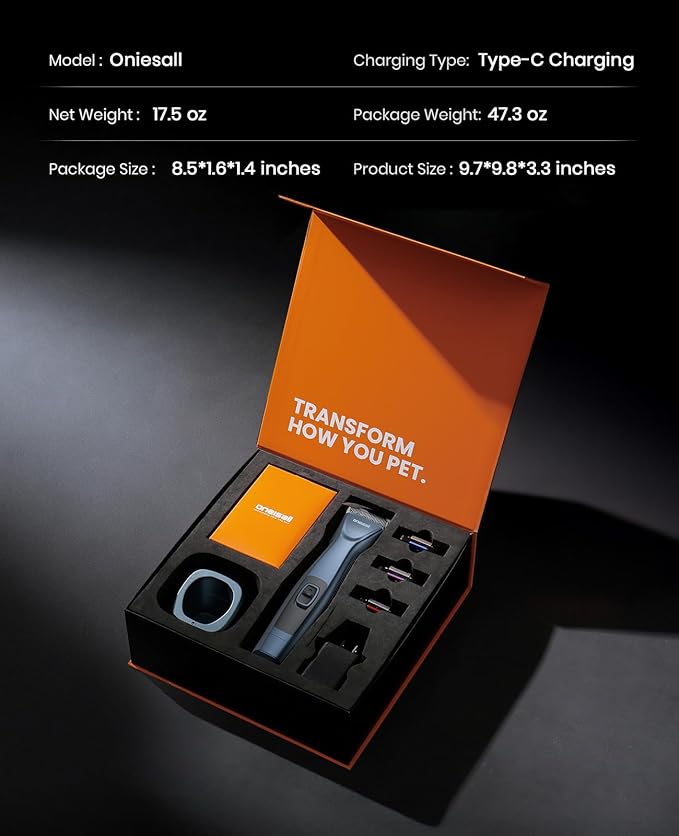 oneisall Cordless Professional Dog Grooming Clippers, 2-Speed Dog Clippers for Grooming Heavy Duty/Thick Hair, Detachable Carbonized Steel Blade Metal Combs, Removable Battery