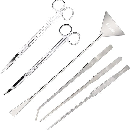 Segarty Aquarium Aquascaping Tools, 6 in 1 Stainless Steel Silver Aquascaping Tools Kit for Aquatic Plant Fish Tank, Long Scrapers Spatula Feeding Tweezers Curved Straight Scissors Aquarium Tools