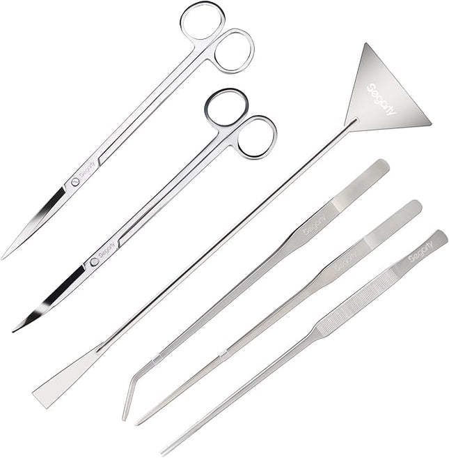 Segarty Aquarium Aquascaping Tools, 6 in 1 Stainless Steel Silver Aquascaping Tools Kit for Aquatic Plant Fish Tank, Long Scrapers Spatula Feeding Tweezers Curved Straight Scissors Aquarium Tools