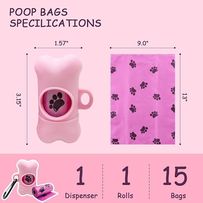 Dog Poop Bags Dispenser with Carabiner Clip, Doggy Poop Bag Holders for Leashes Include 1 Roll (15 Bags) Leak-Proof Large Lavender Scented Doggie Pet Waste Bags, Dog Accessories Girl, Pink