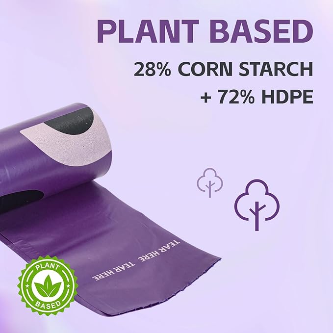 270 Count Scented Dog Poop Bags Rolls, 20 Micron Ultra Thick, Heavy Duty Tear Resistant Leak Proof for Yuck-Free Cleanup, Includes Dispenser & Leash Clip, 9 x 13 Inch, Gaze Doodle (Purple)