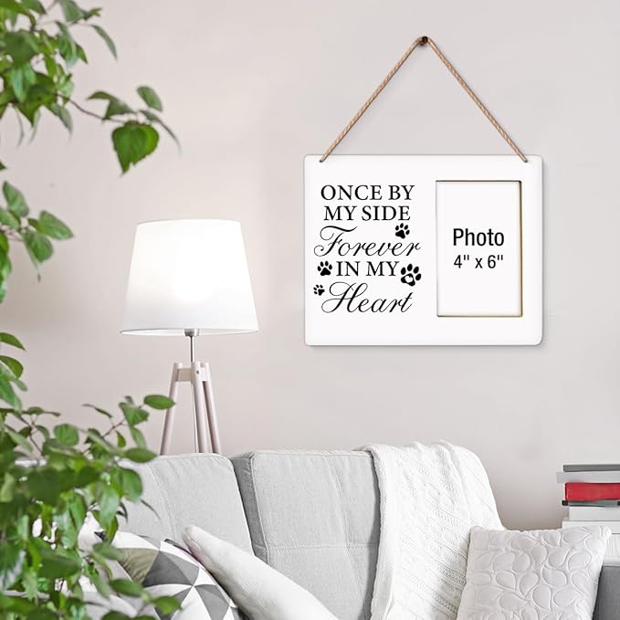 Dog Memorial Gifts Picture Frame, Pet Memorial Gifts for Dogs, Lost of Pet Sympathy Present, Once by My Side Forever in My Heart Wood Photo Frames with Paw Print, 4 x 6 Inch Photo