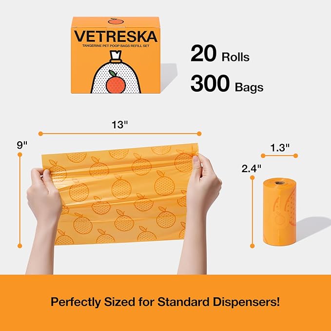 VETRESKA Citrus Scented Dog Poop Bags, Leak Proof, Extra Thick and Large Pet Waste Bags for Dogs Walking, Cat Litter and Babies' Diaper, 300 Count Bags (20 Refill Rolls), Orange
