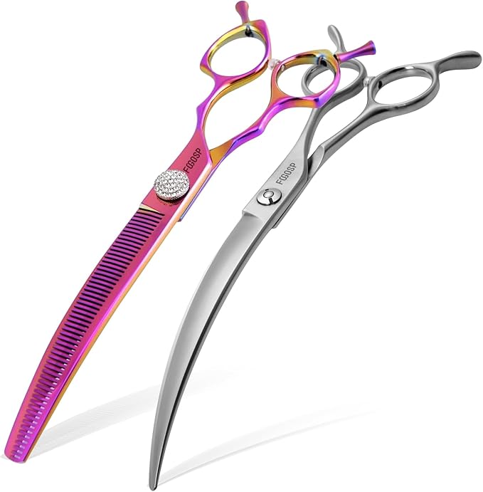 45°Curved Dog Grooming Scissors Curved Thinning Shears 2PCS Combo(RoseRed)