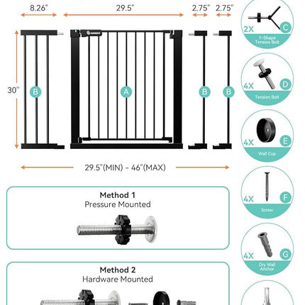 COMOMY 30" Tall Baby Gate for Stairs Doorways, Fits Openings 29.5" to 46" Wide, Auto Close Extra Wide Dog Gate for House, Pressure Mounted Easy Walk Through Pet Gate with Door, Black