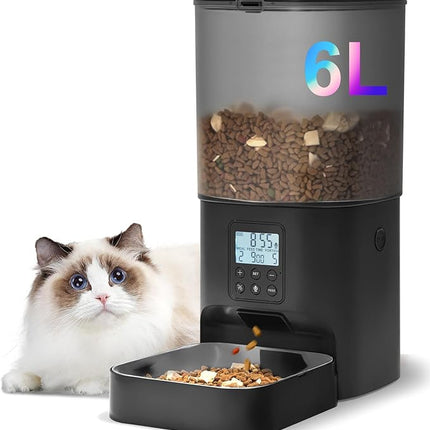 Automatic Cat Feeder, Cat Food Dispenser with 10s Voice Recorder, Pet Feeder up to 8 Meals per Day, Timed Feeder with Dry Food Sealed Ring (Black, 6L)
