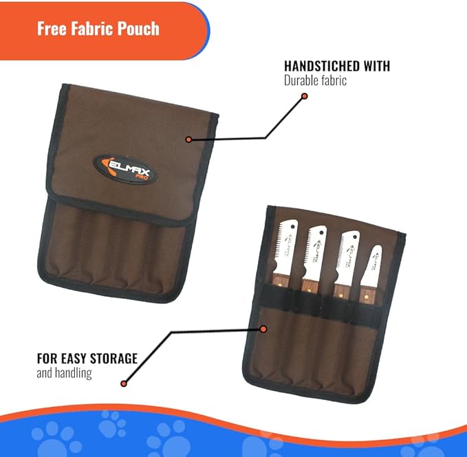 Professional Slant Tooth Stripping Knife for dogs (Pack of 4) Stainless Steel Blades & Rosewood Handle, Efficient Undercoat Removal, Hand Stripping Tools for dog grooming (Right-Handed)