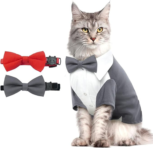QBLEEV Cat Tuxedo Suit, Sphynx Cat Suit for Cat with Two Bow Tie, Cat Tuxedo Outfit for Birthday Photo Shoot, Formal Onesie Attire Wedding Costumes for Kitten, Male Cat Clothes for Hairless Cats Only