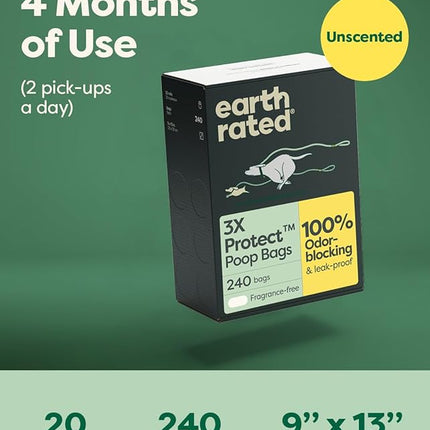 Earth Rated Odor-Blocking Poop Bags for Dogs with 3X Protect, Guaranteed to Block Smells & Leak-Proof Performance, Conceals Smell & Mess, Unscented, 240 Count