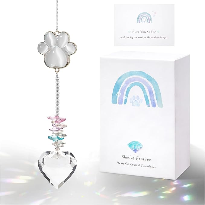 Pet Memorial Gifts for Dogs, Loss of Cat Sympathy, Remembrance Bereavement Crystal Suncatcher with Natural Cat's Eye Stone Paw, Rainbow Bridge Memorial Gift for Passing Away Loving Pets