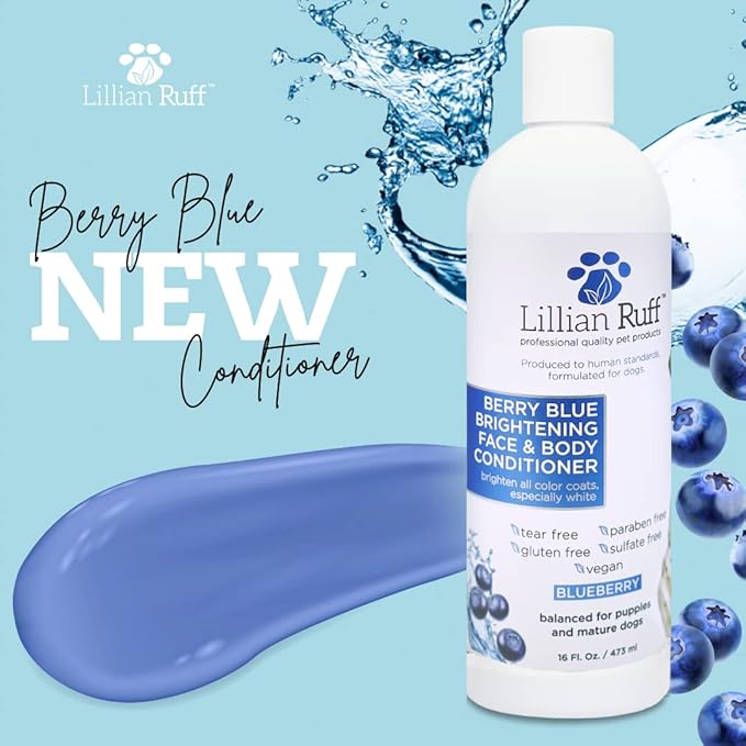 Lillian Ruff PRO Formula Blueberry Waterless Dog Shampoo & Berry Blue Brightening Conditioner - No-Rinse Odor Eliminator & Hydrating Whitening Conditioner Detangles, Restores Skin, Softness & Shine