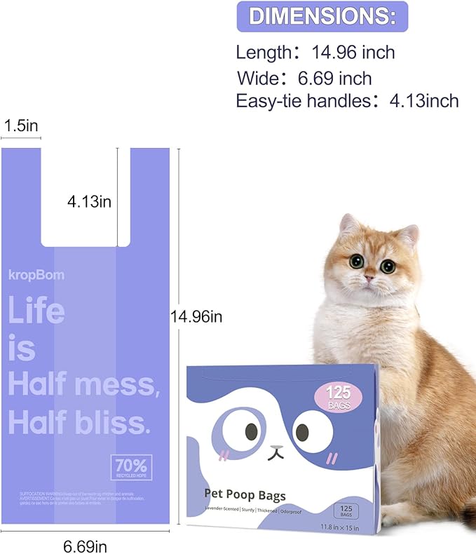 125 Count Cat Litter Bags Lavender Scented with Handles, Disposable Litter Bags for Pet Poop, Extra-Thick Kitty Waste Bags Easy Tie Leak-Proof Strengthen
