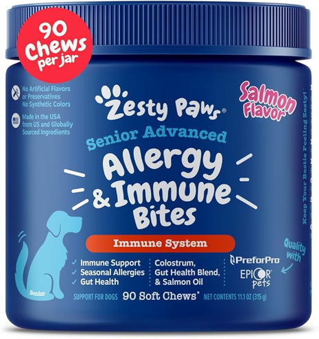 Zesty Paws Dog Allergy Relief - Anti Itch Supplement - Omega 3 Probiotics for Dogs - Stop Paw Licking - Soft Chews for Skin Health & Seasonal Allergies - with Epicor Pets - Senior - Salmon - 90 Count