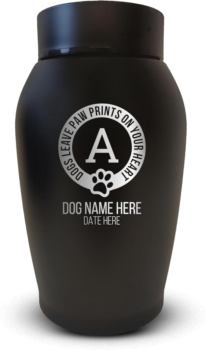 Personalized Custom Small Keepsake Urn Engraved with Pet Name, Date, and Dog Design - 5.2" Black Powder Coated Steel Cremation Urn for Dogs Ashes | 12-16 lb Capacity, Paw Prints on Hearts