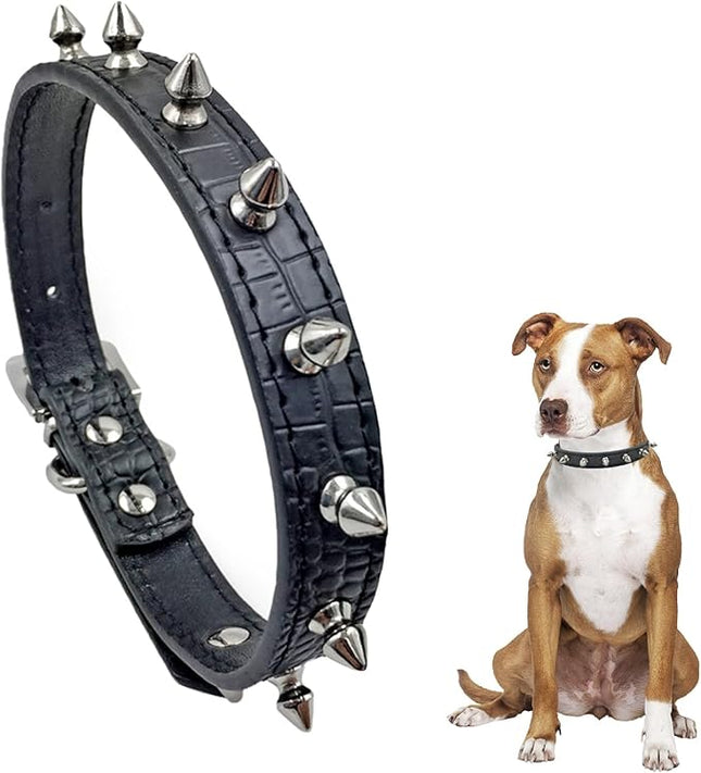 Enjoying Spiked Dog Collar, Leather Spikes Dog Collars for Medium Large Dogs, Adjustable Pet Collar with Rings, Black L