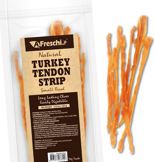 AFreschi Turkey Tendons for Dogs, USA-Sourced, Healthy Dog Treats, Rawhide-Free Puppy Chews, Long Lasting, All Natural, Hypoallergenic Dog Treats for Small Breeds, 3.53 oz Pack Strips